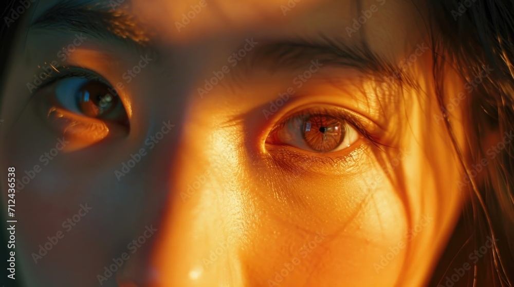 Aufkleber a close-up view of a person's eye with a bright light shining on it. this image can be used to repre