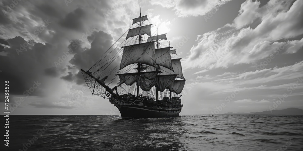 Poster a black and white photo of a ship sailing in the vast ocean. suitable for various uses