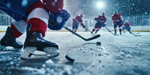 A group of people engaged in a game of ice hockey. Suitable for sports-related content and illustrations