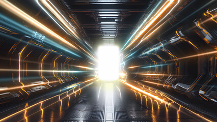 Abstract speed movement lines in tunnel .The door light line moves at a rapid speed through - obrazy, fototapety, plakaty