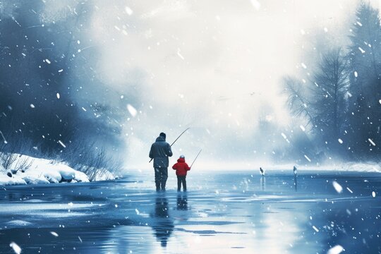 A man and child are seen fishing on a frozen river. This image can be used to depict a winter activity or a bonding moment between a parent and child.