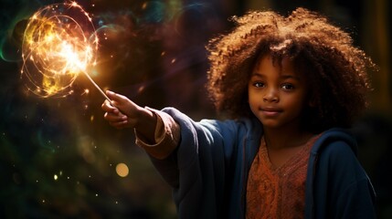 The black girl is a wizard, holding a magic wand and pronouncing a magic spell that emits the energy of light - obrazy, fototapety, plakaty
