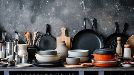 A collection of dishes and pans arranged on a table. Suitable for kitchen-related designs and...