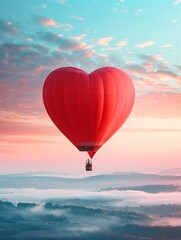 Fototapeta premium Gorgeous crimson hot air balloon heart in pastel blue and pink sunrise, with misty mountains in the distance. A romantic adventure for Valentine's Day with a sporty and leisurely vibe.