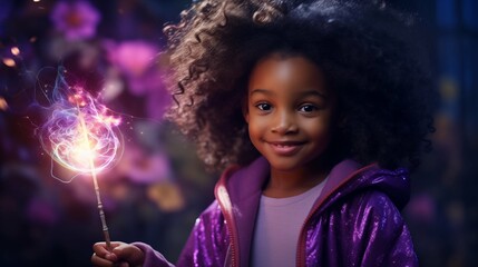 The black girl is a wizard, holding a magic wand and pronouncing a magic spell emitting purple energy - obrazy, fototapety, plakaty