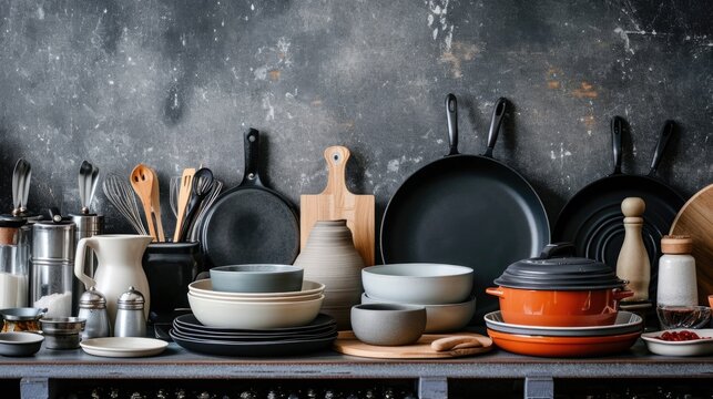 A collection of dishes and pans arranged on a table. Suitable for kitchen-related designs and cooking themes
