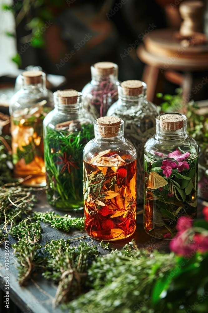 Poster A table adorned with a variety of bottles filled with different types of herbs.