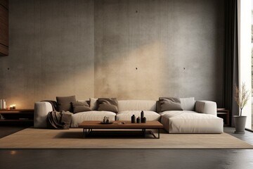 Contemporary lounge with smooth concrete, minimalistic style, cozy couch. Generative AI