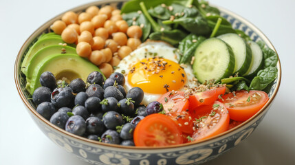 Buddha bowl set with avocado, egg, chickpeas, tomato, cucumber, spinach and blueberries on white background, Healthy vegetarian dinner. fresh salad, super food 