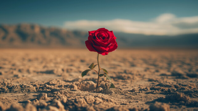 A single perfect rose blooming in a barren desert