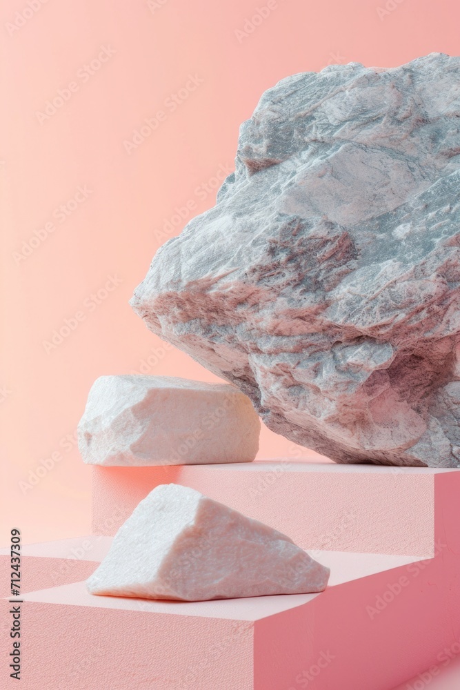Poster A large rock sitting on top of a pink platform. This versatile image can be used for various concepts and designs