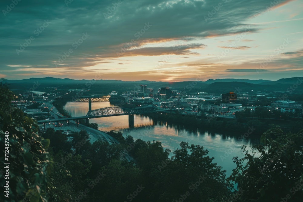 Poster A beautiful view of a bridge over a river at sunset. Perfect for adding a serene touch to any project