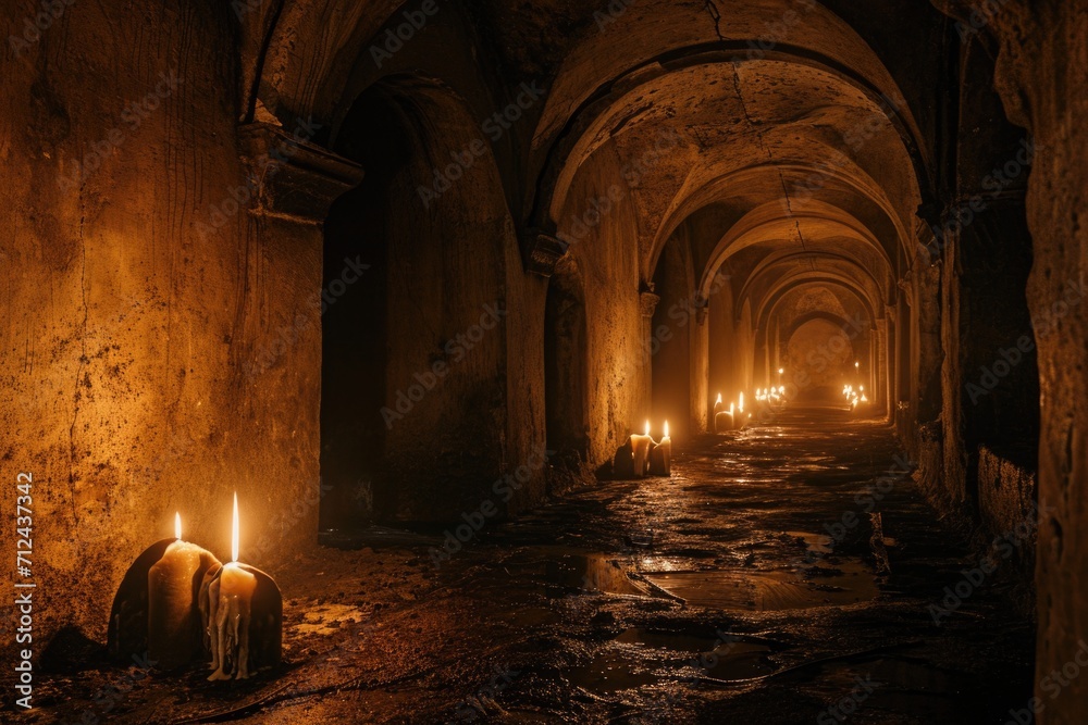Aufkleber A mysterious and atmospheric tunnel illuminated by flickering candles. Perfect for creating a sense of intrigue and suspense.