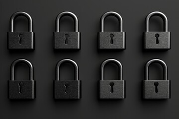 A set of six black padlocks displayed on a black background. Can be used to represent security, protection, or locking mechanisms. Ideal for websites, blogs