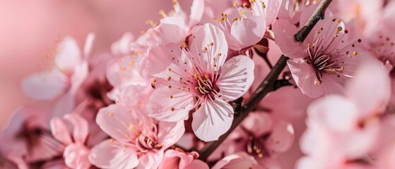 Obraz premium Branch of cherry blossom tree. Cherry blossoms on a pink background pink flower