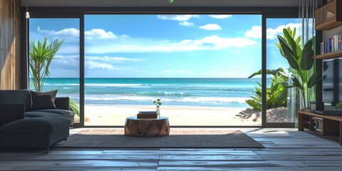 Fototapeta premium A spacious living room filled with stylish furniture and a breathtaking view of the ocean. Perfect for home decor, travel brochures, and real estate advertisements