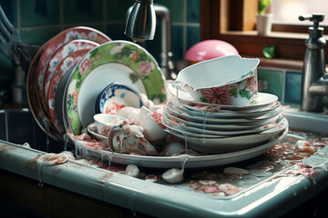 Crockery is washed off in the sink with dish-washing detergent  - obrazy, fototapety, plakaty
