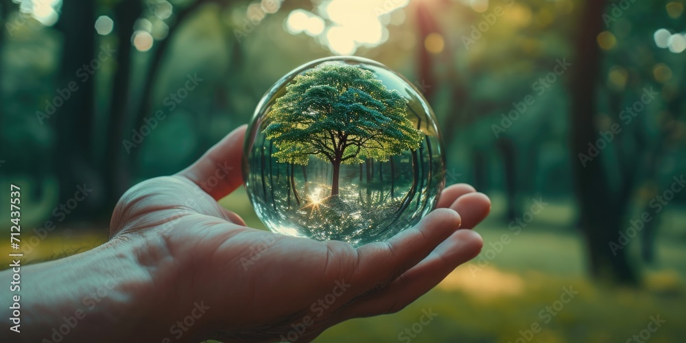 Poster A person is holding a glass ball with a tree inside. This unique and captivating image can be used for various purposes