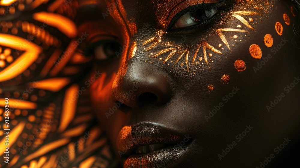 Poster close up of a woman's face with gold paint. can be used for makeup tutorials or artistic projects