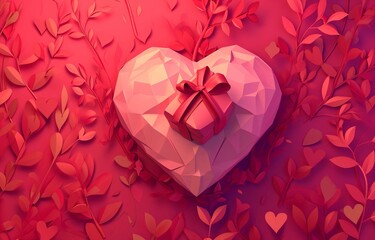 Geometric heart with ribbon in a lush love garden, ideal for romantic gift wrap and Valentine's Day greeting card designs