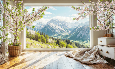 A cozy room with a view of the spring mountains outside the window. - obrazy, fototapety, plakaty