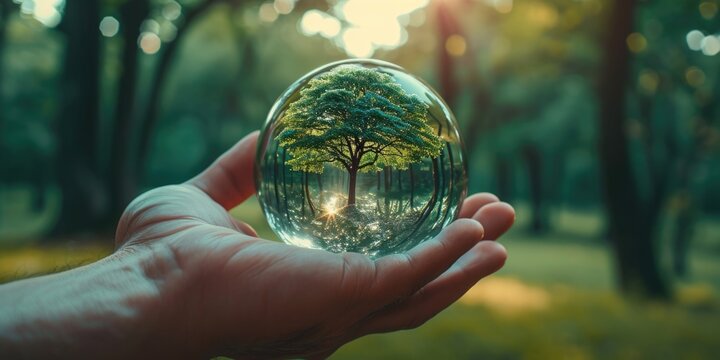 A person is holding a glass ball with a tree inside. This unique and captivating image can be used for various purposes