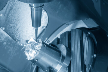 The 5-axis CNC milling machine  cutting the turbocharger part with solid ball end mill tool.