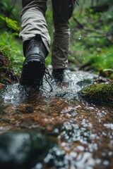 A person is pictured walking across a stream in the woods. This image can be used to depict nature, hiking, or outdoor activities