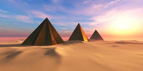 Three pyramids in the sand desert among the dunes at sunset, 3D rendering