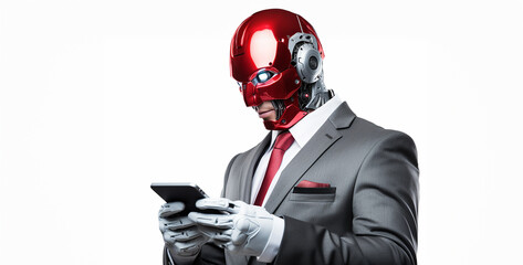 robot in suit use mobile phone isolated on white background