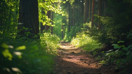 Fototapeta premium A dirt path winding through the forest. Perfect for nature and outdoor-themed designs