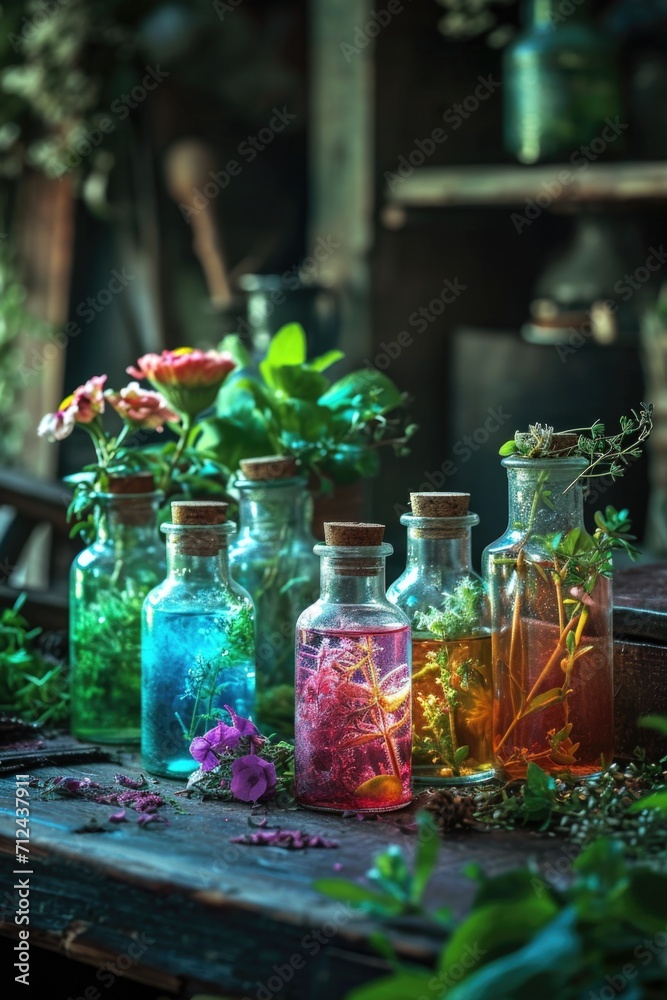 Poster Glass bottles filled with different types of flowers, perfect for adding a touch of beauty to any setting