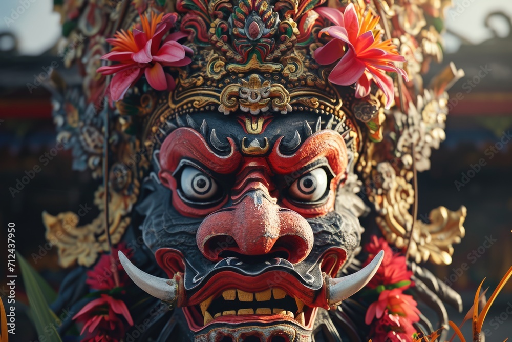Poster a close up view of a mask adorned with beautiful flowers. this image can be used for various purpose