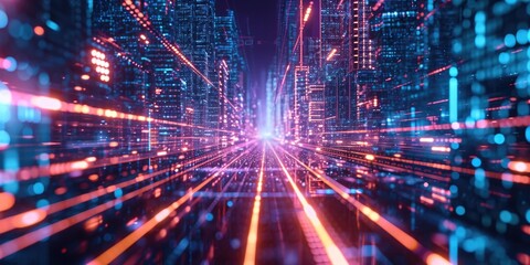 Fototapeta premium A vibrant cityscape at night with bright lights illuminating the foreground. Perfect for urban-themed designs and cityscape backgrounds