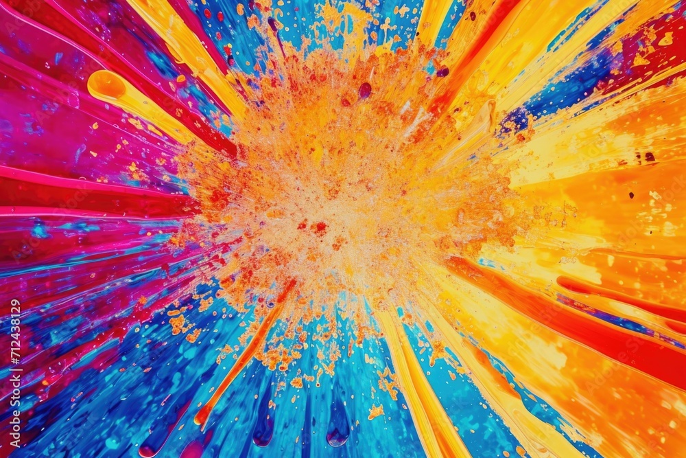 Poster A vibrant and dynamic abstract painting featuring a burst of colorful paint. Perfect for adding a bold and energetic touch to any project or design