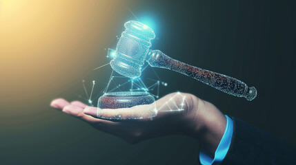 Judge Gavel Holographic Infographic On An Open Palm. Law and Judge's Gavel. Company Law and Ethics, Regulation Law. Technology and Futuristic Business  - obrazy, fototapety, plakaty