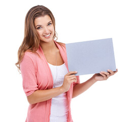 Woman, blank poster and portrait by mockup space in studio, paper and bulletin for announcement. Happy female person, board and placard for promotion and advertisement, news and white background