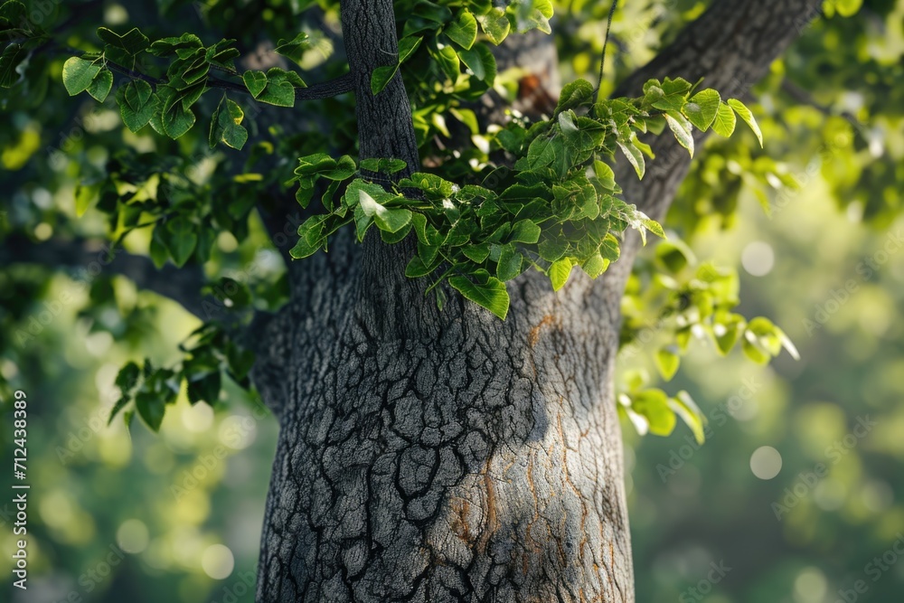Poster a detailed close up view of a tree trunk with vibrant green leaves. suitable for nature and environm