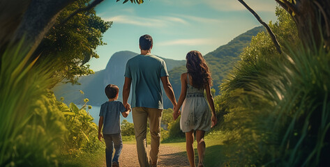 Brazilian Family Walking Observing The Landscape, parent and child