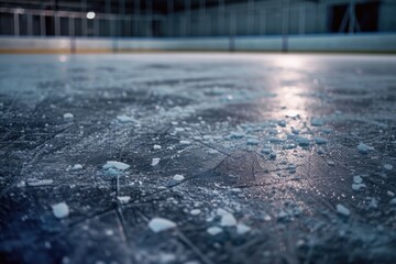 A hockey rink with broken glass on the ice. Suitable for sports-related designs and concepts
