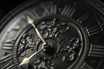A detailed close-up image of a clock with roman numerals. This image can be used to depict time, punctuality, or vintage style in various projects