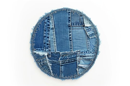 A round piece of blue denim with fray edges. Can be used for fashion, crafts, or DIY projects