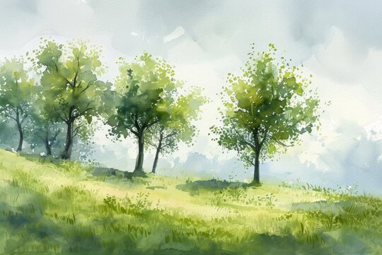 A painting depicting three trees standing on a serene grassy hill. Perfect for nature and landscape enthusiasts.