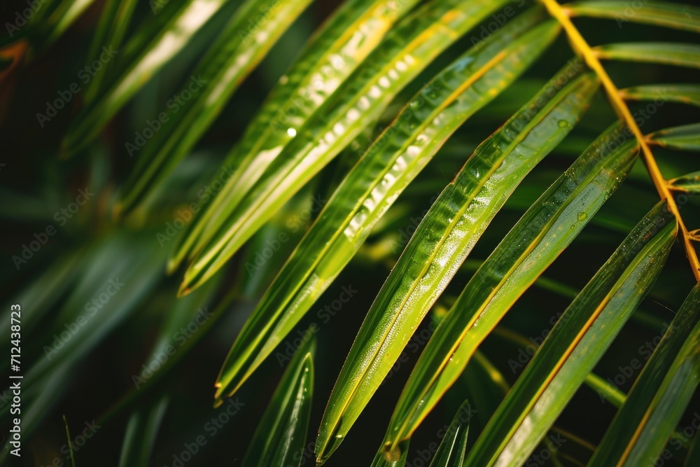 Poster a detailed view of a palm leaf covered in water droplets. perfect for nature-themed projects and des
