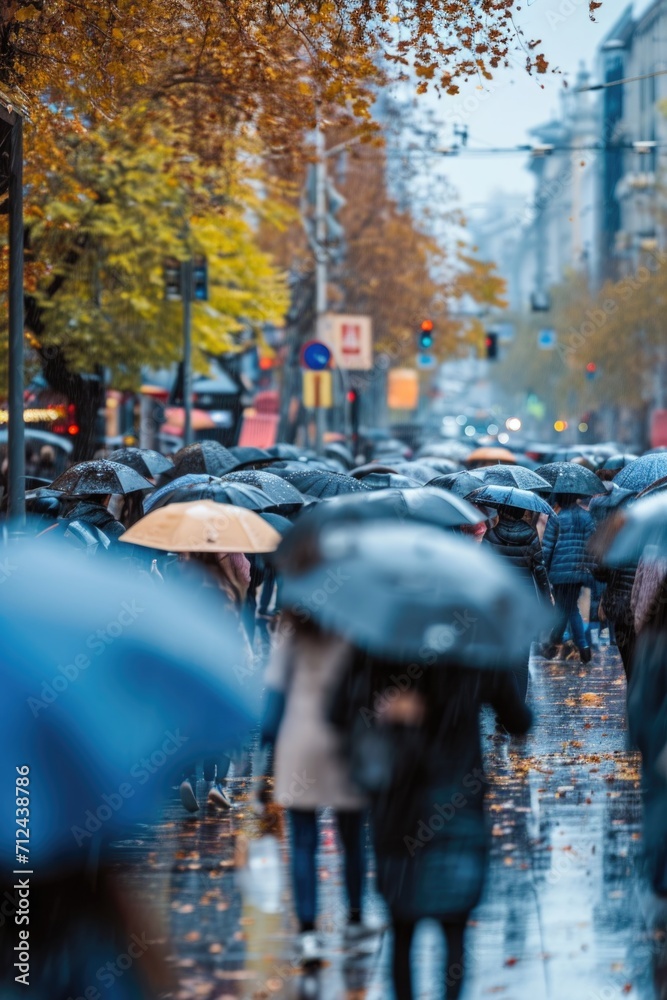 Poster a group of people walking down a street while holding umbrellas. this image can be used to depict a 