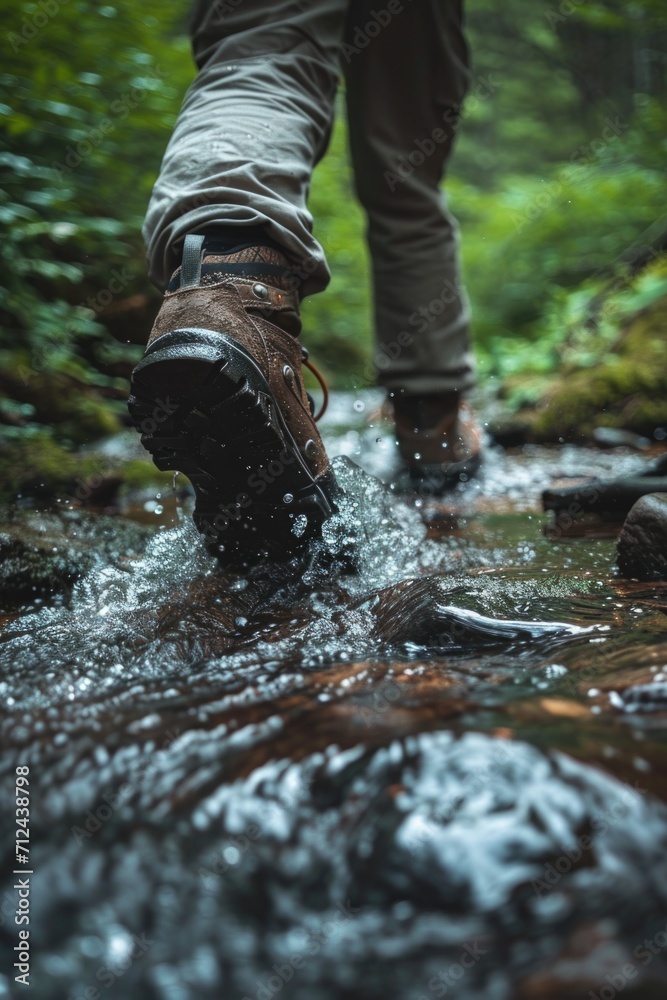 Poster a person is depicted walking across a stream in a serene wooded area. this image can be used to show