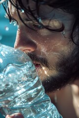 A man can be seen drinking water from a plastic bottle. This image can be used to depict hydration, health, and environmental awareness