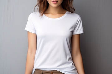 Fototapeta premium Woman in White Tshirt Mockup created with Generative AI