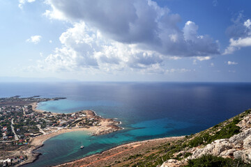 The sea and the beach from a bird's eye view in Stavros  on the island of Crete