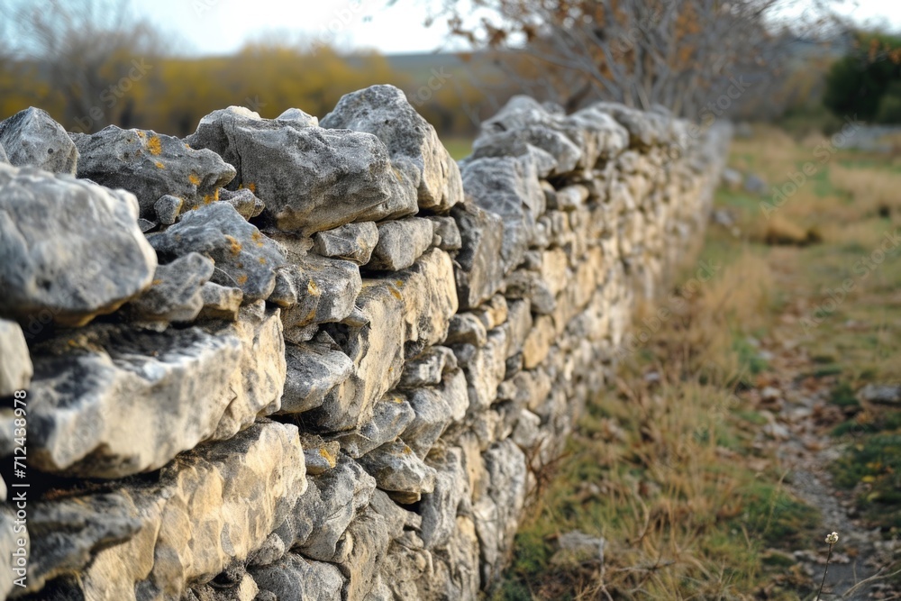 Poster a stone wall standing alone in the middle of a field. can be used to depict rustic landscapes or as 